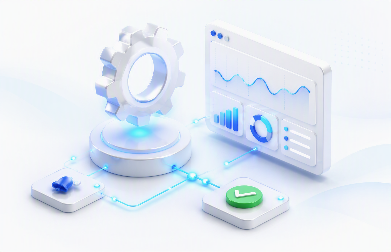 Isometrische illustratie van een tandwiel en een monitoringdashboard, symbool voor proactief Azure-beheer door Fibronic