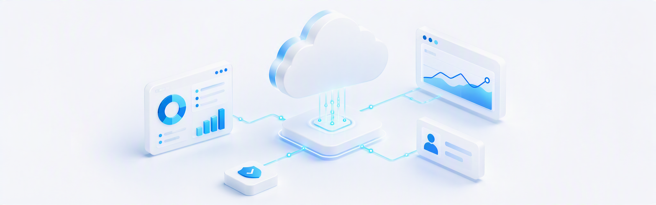 Isometrische illustratie van een Azure-cloud verbonden met dashboards, symbool voor de Azure-diensten van Fibronic voor het MKB