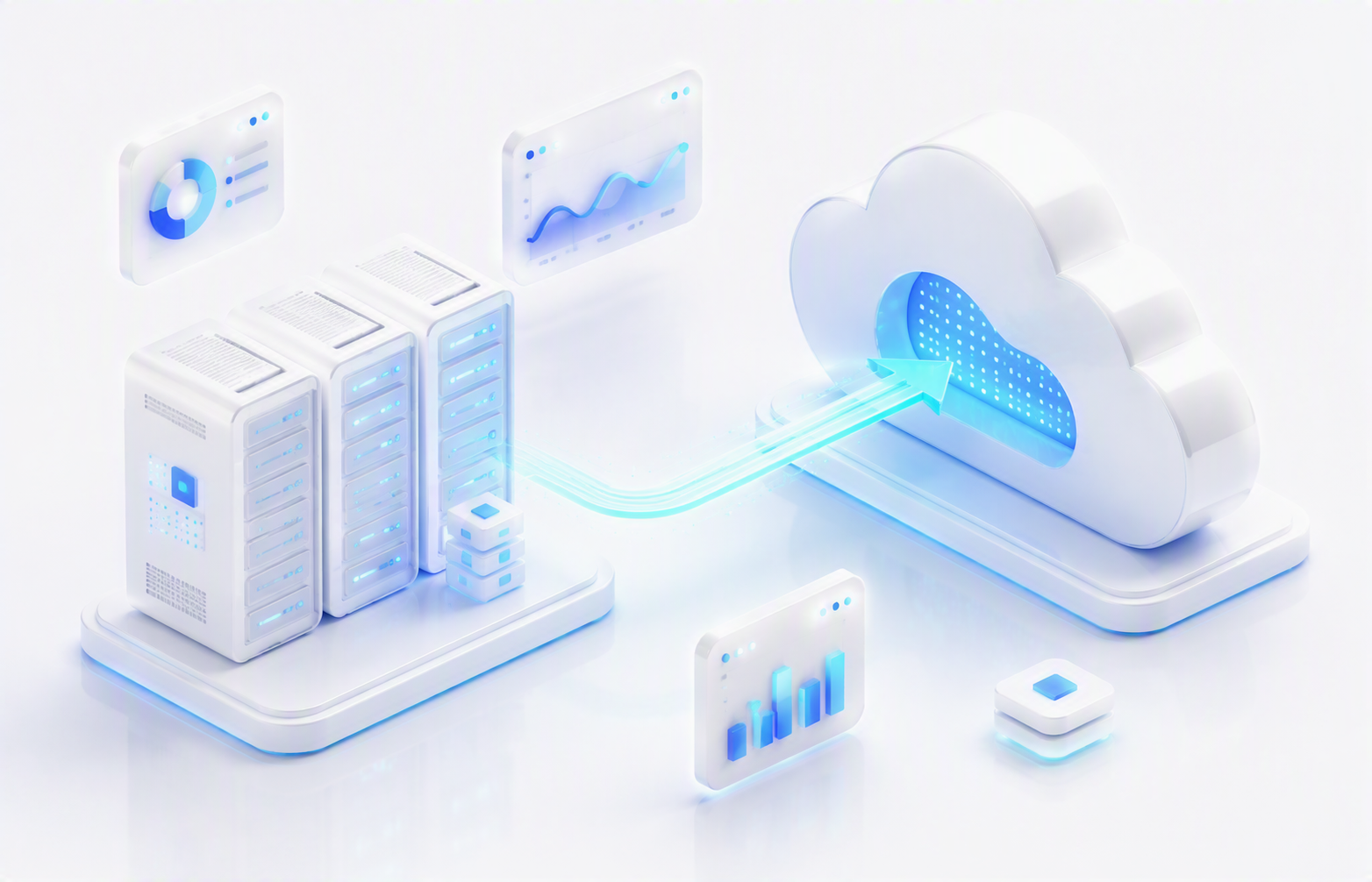 Isometrische illustratie van servers die naar de cloud migreren, symbool voor Azure-migratie door Fibronic