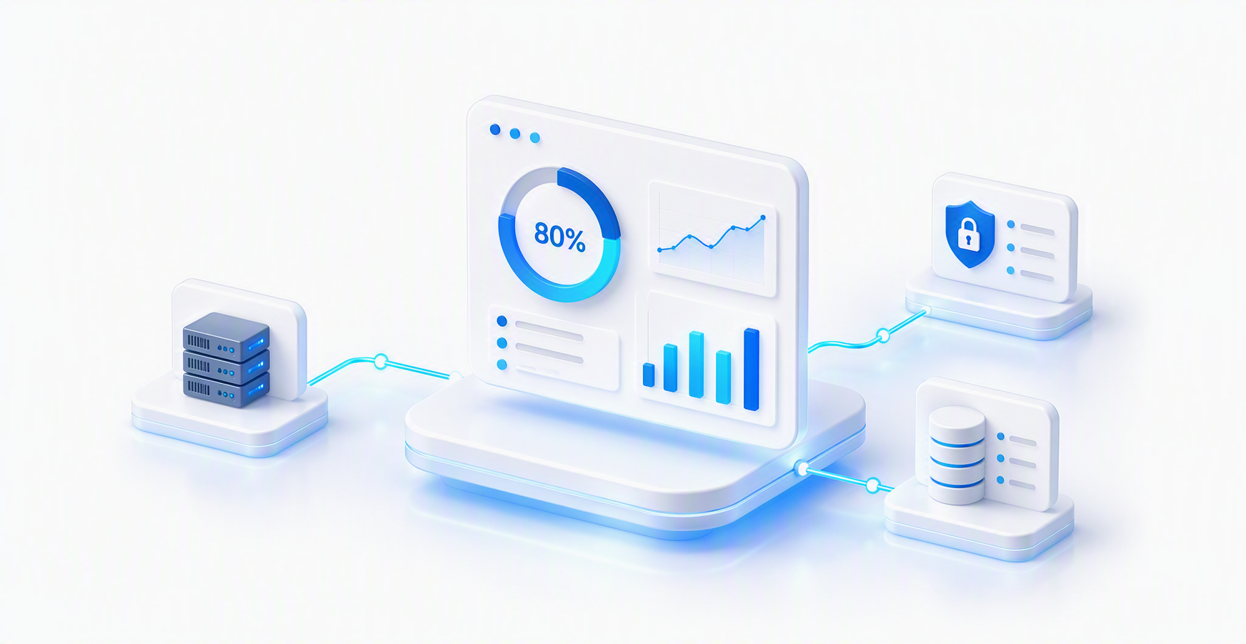 Isometrische illustratie van een compliance-dashboard met scoremeter en checklist, symbool voor de Azure security- en compliance-audit van Fibronic