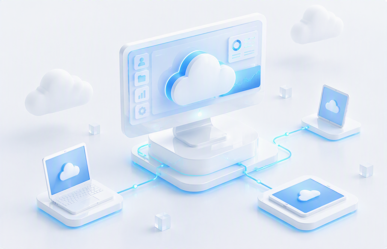 Isometrische illustratie van een cloudwerkplek op monitor, laptop en tablet, symbool voor Azure Virtual Desktop door Fibronic