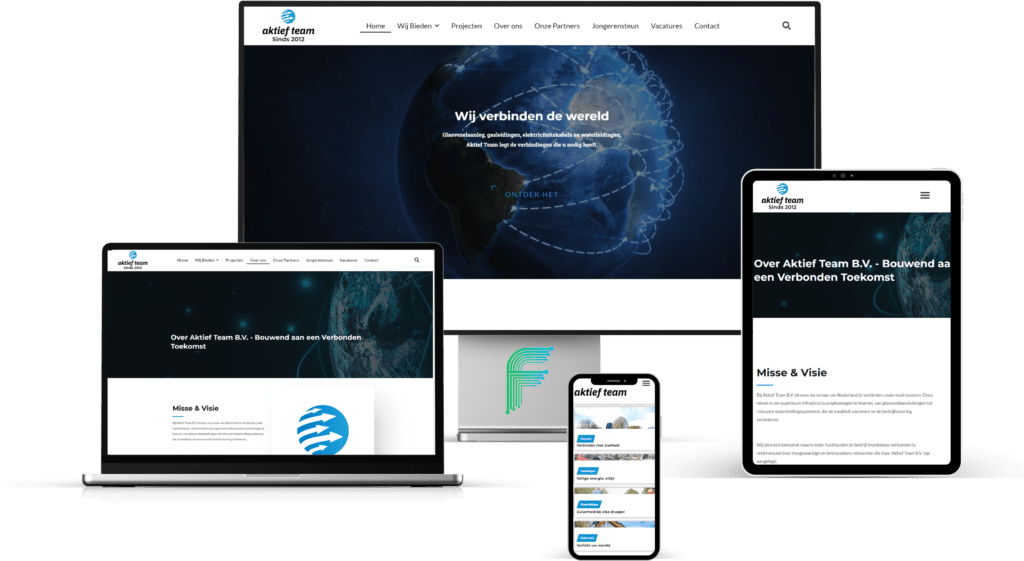 Website van Aktief Team B.V. op desktop, laptop, tablet en mobiel